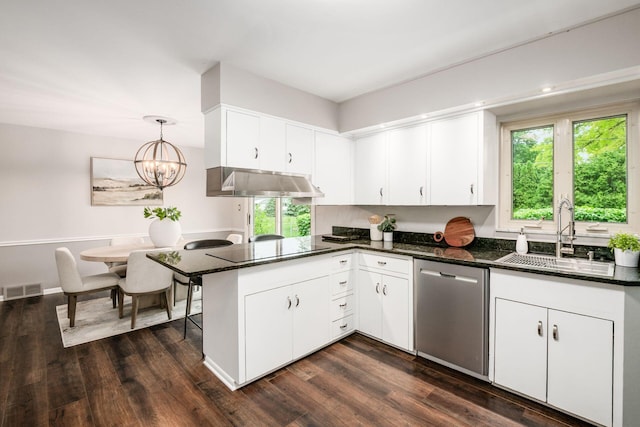 2105 Chardon Rd, Columbus, OH 43220 - kitchen with dishwasher, a sink, dark wood-style flooring, and white cabinetry