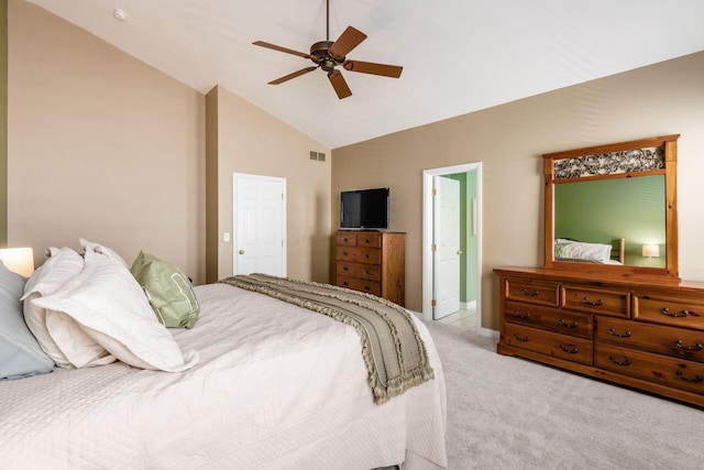 5673 Sugarwood Dr, New Albany, OH 43054 - bedroom featuring light carpet, high vaulted ceiling, a ceiling fan, and baseboards