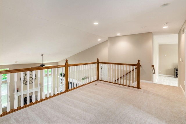 5673 Sugarwood Dr, New Albany, OH 43054 - corridor with an upstairs landing, carpet floors, recessed lighting, lofted ceiling, and baseboards