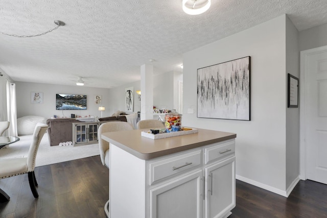 226 Purple Finch Loop, Pataskala, OH 43062 - kitchen featuring dark wood finished floors, open floor plan, white cabinetry, a textured ceiling, and a kitchen island