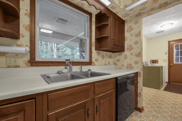 363 Carroll Eastern Rd NW, Baltimore, OH 43105 - kitchen featuring wallpapered walls, open shelves, black dishwasher, a sink, and light countertops