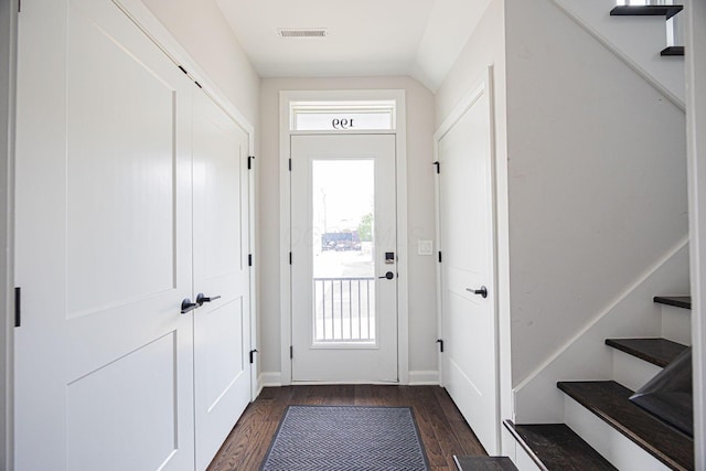 199 E 5th Ave, Columbus, OH 43201 - entryway featuring dark wood-type flooring, stairway, vaulted ceiling, and baseboards