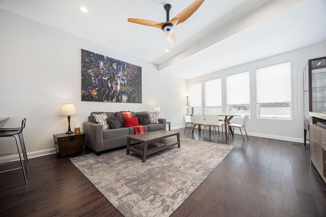 199 E 5th Ave, Columbus, OH 43201 - living room featuring baseboards, dark wood finished floors, ceiling fan, and recessed lighting