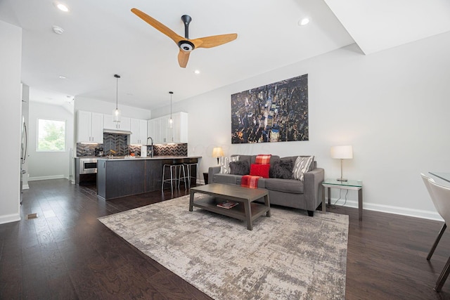 199 E 5th Ave, Columbus, OH 43201 - living area featuring baseboards, ceiling fan, dark wood finished floors, and recessed lighting