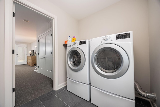 199 E 5th Ave, Columbus, OH 43201 - laundry area featuring independent washer and dryer, dark carpet, dark tile patterned flooring, and baseboards