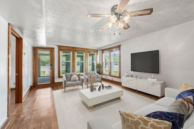 11007 Hebron Rd, Buckeye Lake, OH 43008 - living room featuring light wood-style floors, ceiling fan, a textured ceiling, plenty of natural light, and baseboards