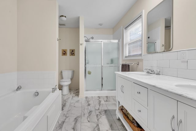 3753 Homer Rd NW, Utica, OH 43080 - full bathroom with a stall shower, marble look tile flooring, double vanity, and a bath