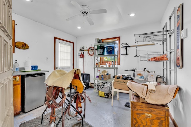 3753 Homer Rd NW, Utica, OH 43080 - kitchen featuring fridge, concrete floors, a ceiling fan, recessed lighting, and a baseboard heating unit