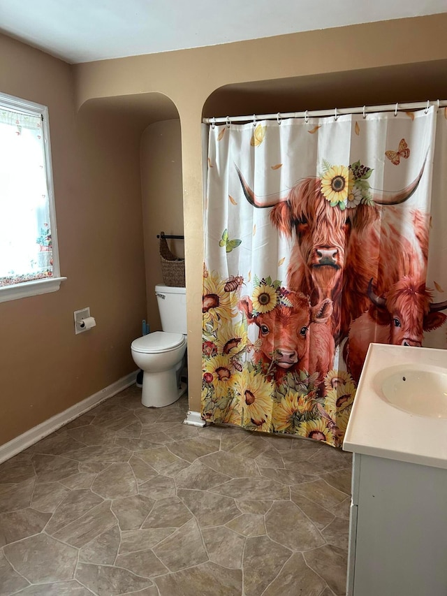416 Reese Ave, Lancaster, OH 43130 - bathroom featuring vanity, toilet, curtained shower, and stone finish flooring