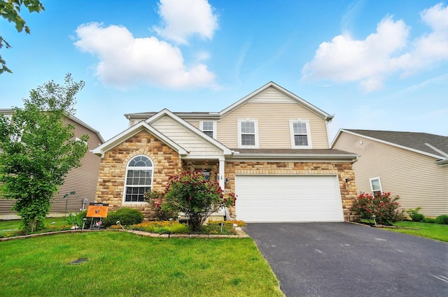 218 Christian St, Delaware, OH 43015 - traditional-style house with stone siding, a garage, asphalt driveway, and a front yard