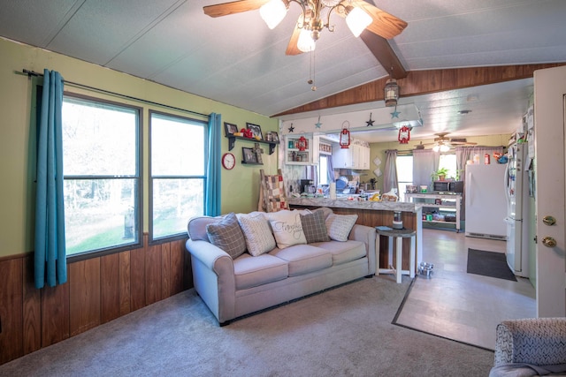 7326 State Route 19 Unit 5, Lot 105-107, Mount Gilead, OH 43338 - carpeted living room with a ceiling fan and wood walls