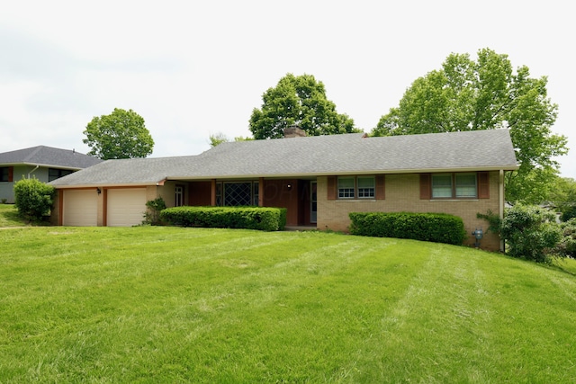 1602 Pleasantview Dr, Lancaster, OH 43130 - ranch-style house featuring an attached garage, a front yard, a chimney, and brick siding