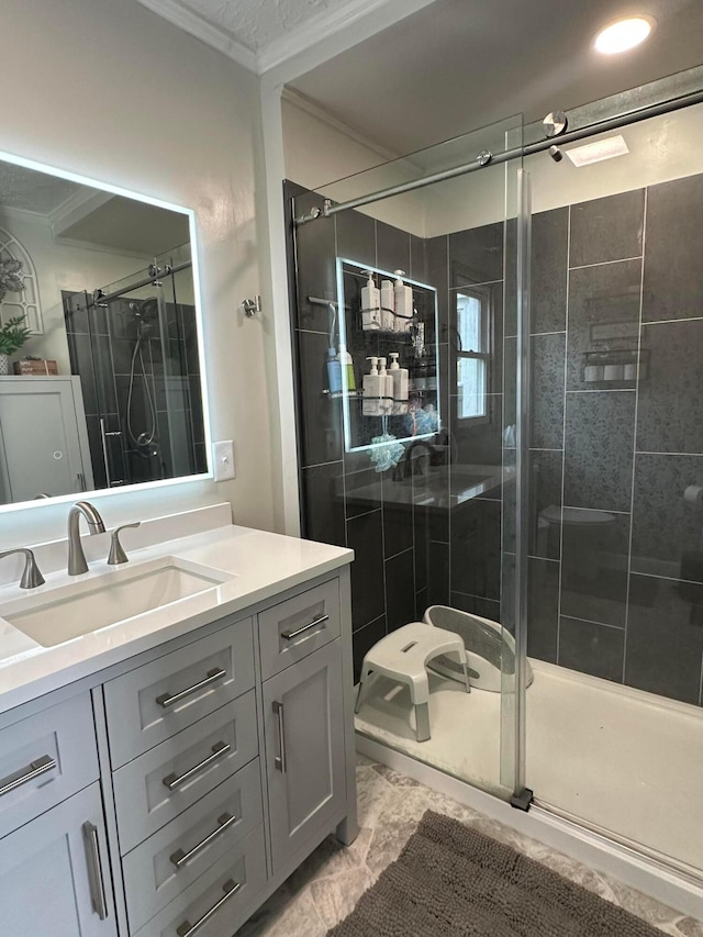 4902 Columbus Sandusky Rd N, Marion, OH 43302 - full bathroom featuring vanity, a shower stall, and crown molding