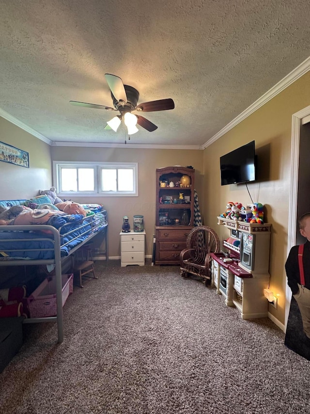 4902 Columbus Sandusky Rd N, Marion, OH 43302 - carpeted bedroom featuring ornamental molding, a textured ceiling, a ceiling fan, and baseboards