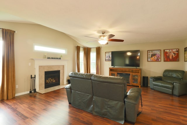 1690 Autumn Dr, Lancaster, OH 43130 - living room featuring a tile fireplace, ceiling fan, and wood finished floors