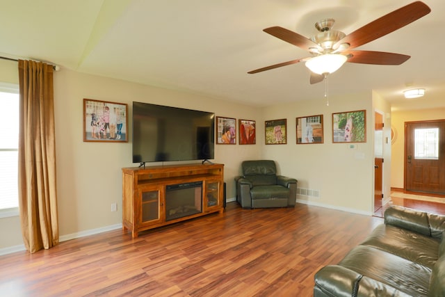 1690 Autumn Dr, Lancaster, OH 43130 - living room with wood finished floors, baseboards, and a ceiling fan