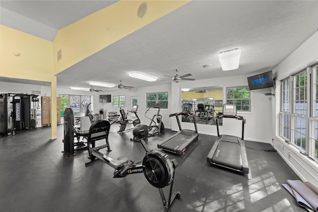 2560 Scioto View Ln, Columbus, OH 43221 - exercise room with ceiling fan, a textured ceiling, and baseboards