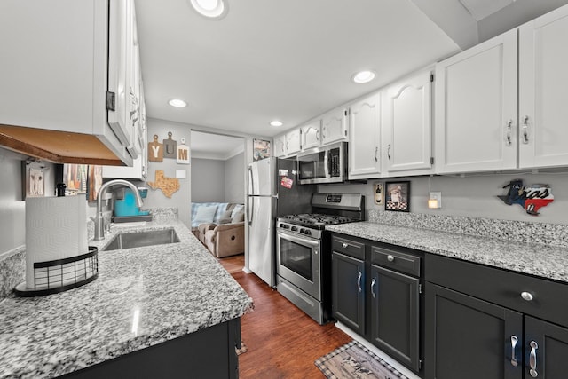 2560 Scioto View Ln, Columbus, OH 43221 - kitchen with appliances with stainless steel finishes, a sink, white cabinets, dark wood-style floors, and recessed lighting