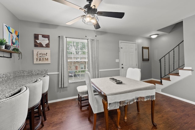 2560 Scioto View Ln, Columbus, OH 43221 - dining room featuring a ceiling fan, dark wood finished floors, baseboards, and stairway