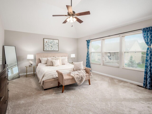 7915 Fargo Ln, Delaware, OH 43015 - bedroom featuring vaulted ceiling, baseboards, light colored carpet, and a ceiling fan