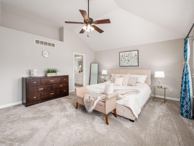 7915 Fargo Ln, Delaware, OH 43015 - bedroom with light colored carpet, baseboards, high vaulted ceiling, ensuite bathroom, and a ceiling fan
