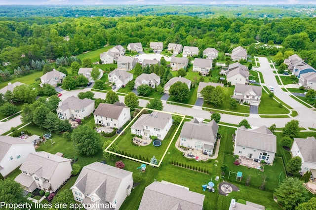7915 Fargo Ln, Delaware, OH 43015 - aerial view of residential area featuring a heavily wooded area and property boundaries highlighted