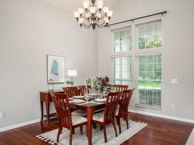 7915 Fargo Ln, Delaware, OH 43015 - dining area with a chandelier, wood finished floors, baseboards, and high vaulted ceiling
