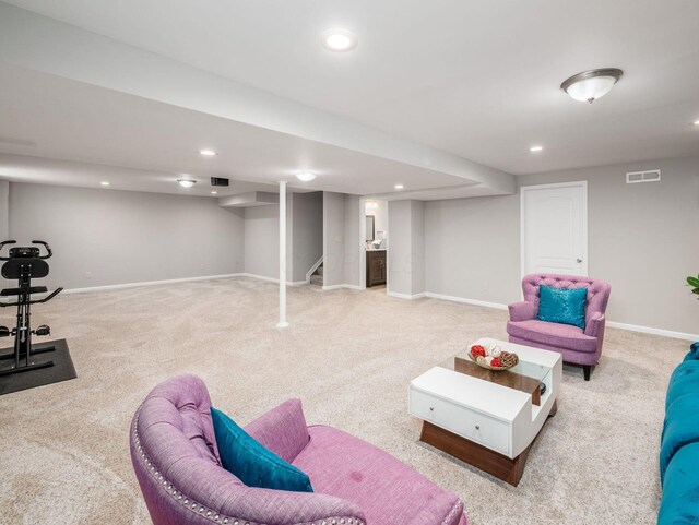 7915 Fargo Ln, Delaware, OH 43015 - living room featuring baseboards, light colored carpet, recessed lighting, and stairs