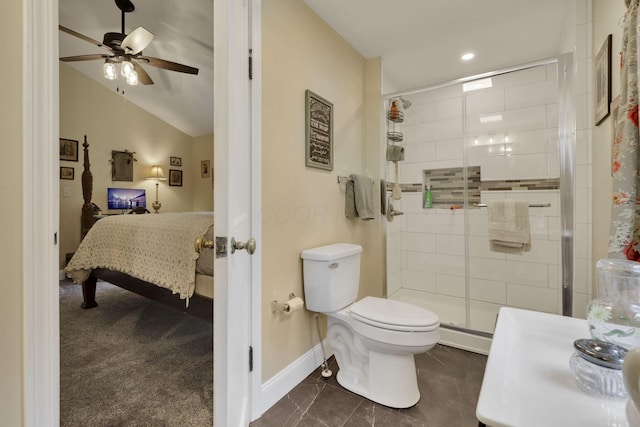 1350 Lancaster Kirkersville Rd NW, Lancaster, OH 43130 - full bath featuring ensuite bathroom, a shower stall, toilet, a ceiling fan, and baseboards