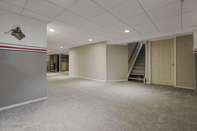 384 Sandburr Dr, Columbus, OH 43230 - finished below grade area featuring carpet flooring, stairs, recessed lighting, and a drop ceiling