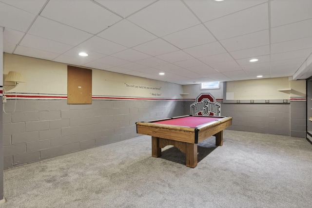 384 Sandburr Dr, Columbus, OH 43230 - recreation room with carpet, a paneled ceiling, pool table, concrete block wall, and recessed lighting