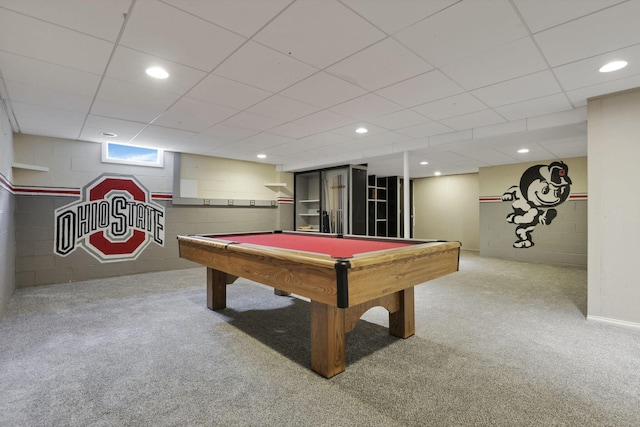 384 Sandburr Dr, Columbus, OH 43230 - recreation room with carpet floors, a paneled ceiling, billiards, concrete block wall, and recessed lighting
