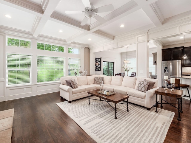 2462 Mccumber Ln, Lewis Center, OH 43035 - living room featuring coffered ceiling, ceiling fan, beamed ceiling, ornamental molding, and dark wood-style flooring