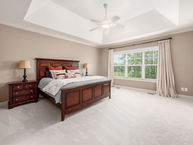 2462 Mccumber Ln, Lewis Center, OH 43035 - bedroom featuring a raised ceiling, light carpet, baseboards, ornamental molding, and ceiling fan