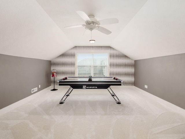 2462 Mccumber Ln, Lewis Center, OH 43035 - playroom featuring vaulted ceiling, a ceiling fan, and carpet flooring