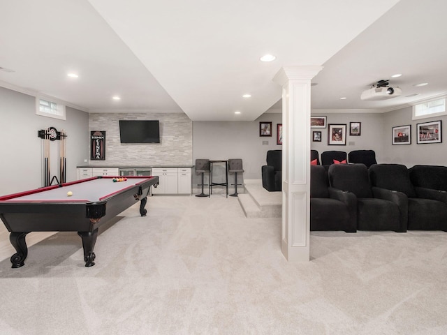 2462 Mccumber Ln, Lewis Center, OH 43035 - recreation room with light carpet, recessed lighting, ornate columns, crown molding, and billiards