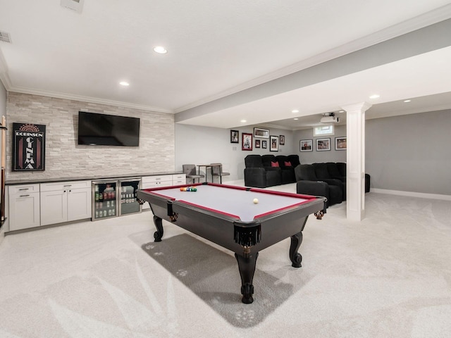 2462 Mccumber Ln, Lewis Center, OH 43035 - playroom featuring light carpet, ornamental molding, billiards, recessed lighting, and a dry bar