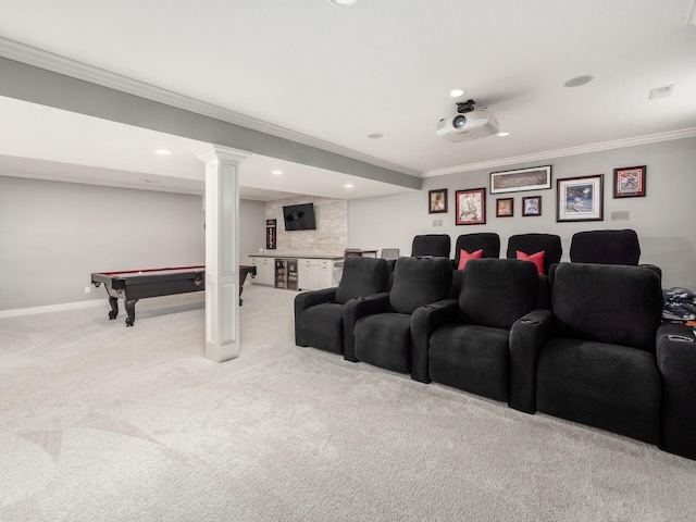2462 Mccumber Ln, Lewis Center, OH 43035 - cinema with crown molding, carpet flooring, baseboards, billiards table, and recessed lighting