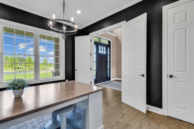 9568 Craigens Ct, Galena, OH 43021 - unfurnished office featuring a chandelier, crown molding, light wood finished floors, baseboards, and recessed lighting