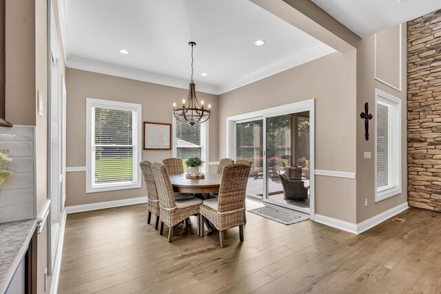 9568 Craigens Ct, Galena, OH 43021 - dining area with a chandelier, baseboards, light wood-type flooring, and recessed lighting