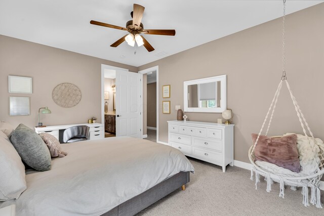 9568 Craigens Ct, Galena, OH 43021 - bedroom with baseboards, a ceiling fan, ensuite bath, and light colored carpet