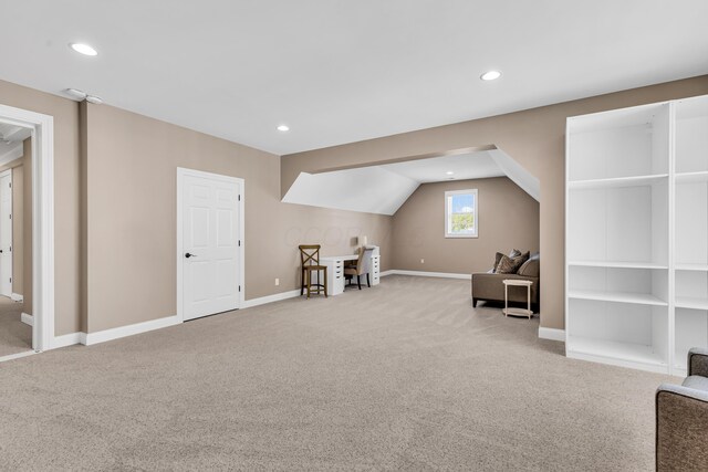 9568 Craigens Ct, Galena, OH 43021 - unfurnished room featuring carpet floors, baseboards, recessed lighting, an office area, and vaulted ceiling