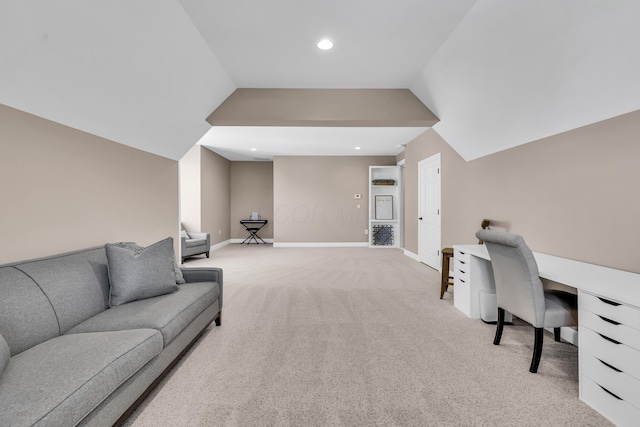 9568 Craigens Ct, Galena, OH 43021 - home office featuring light carpet, recessed lighting, lofted ceiling, and baseboards
