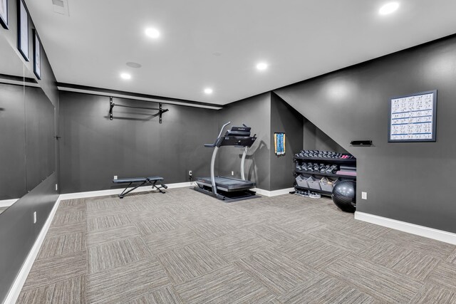 9568 Craigens Ct, Galena, OH 43021 - exercise room featuring carpet flooring, baseboards, and recessed lighting