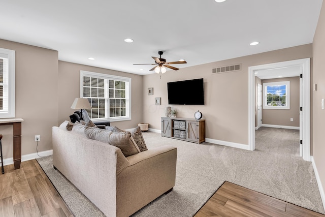 9568 Craigens Ct, Galena, OH 43021 - living room featuring recessed lighting, baseboards, ceiling fan, and light wood-style floors