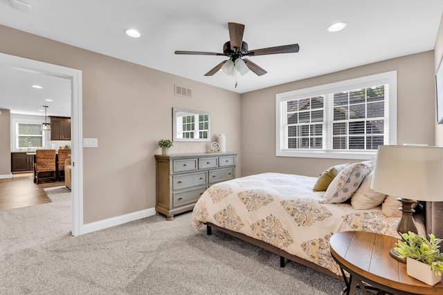 9568 Craigens Ct, Galena, OH 43021 - bedroom with recessed lighting, baseboards, light colored carpet, and ceiling fan