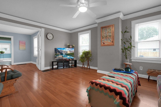 1936 Case Rd, Columbus, OH 43224 - living room featuring wood finished floors, ceiling fan, baseboards, and crown molding