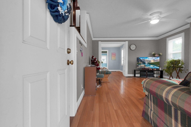 1936 Case Rd, Columbus, OH 43224 - entrance foyer with ornamental molding, light wood-style flooring, baseboards, and a ceiling fan