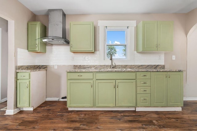 2165 Amherst Ave, Columbus, OH 43223 - kitchen featuring green cabinetry, wall chimney exhaust hood, decorative backsplash, and a sink