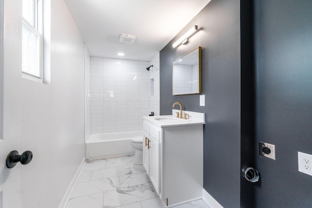 1805 Meriline Ave, Obetz, OH 43207 - bathroom featuring baseboards, toilet, vanity, and marble look tile flooring